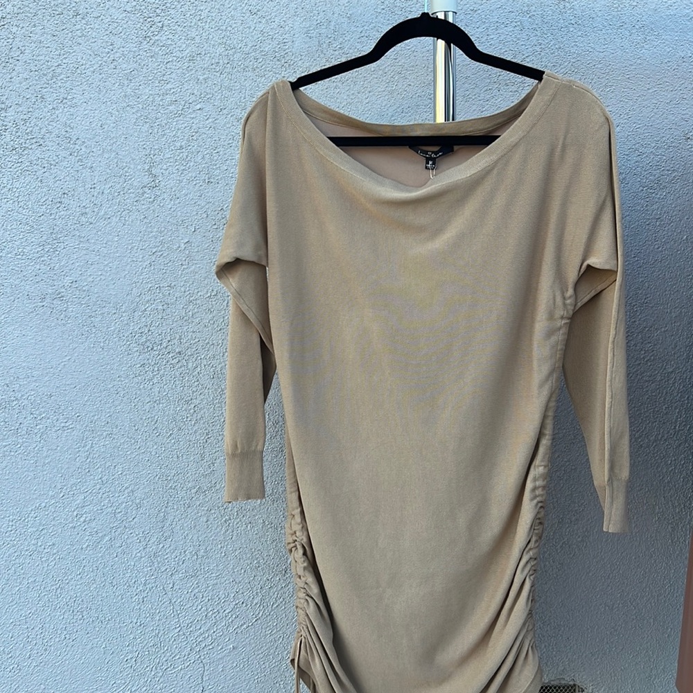 Tan dress with side ruching